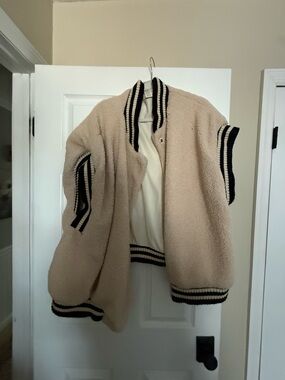 Free People Cream Sherpa Bomber with Black Trim